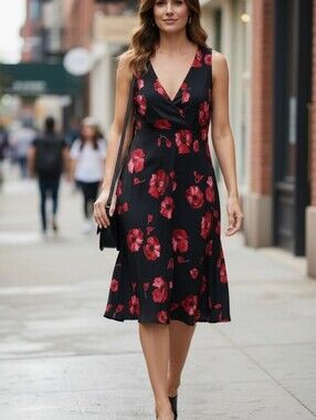 VENEZIA V-Neck Black Dress with Red Floral Print SIZE 18/20